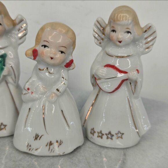Vintage Japan Angel Bell Figurines Set of 4 Christmas Choir Gold Trim Porcelain - Picture 2 of 8